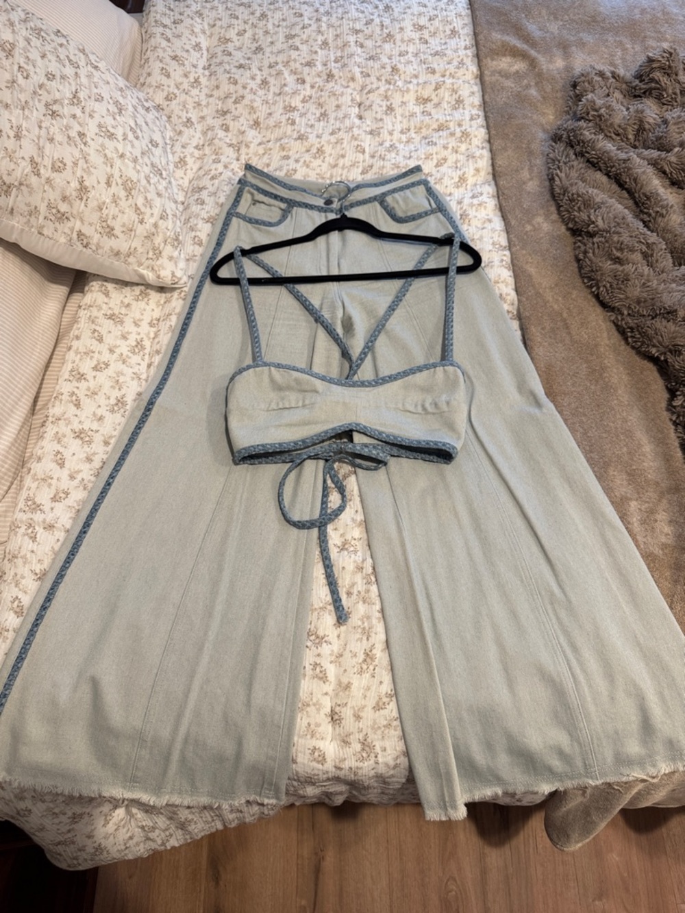 Sabina Musáyev Light Blue Denim Bell Bottom Jeans and Crop Bralette